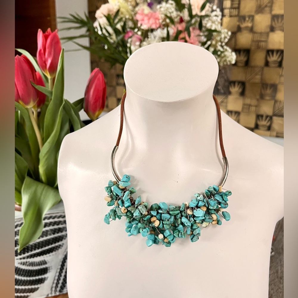 Turquoise and Sterling leather necklace